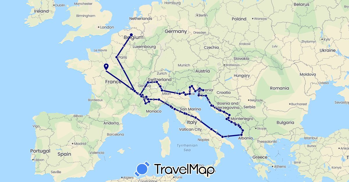 TravelMap itinerary: driving in Albania, Bosnia and Herzegovina, Belgium, Switzerland, France, Croatia, Italy, Montenegro, Slovenia (Europe)