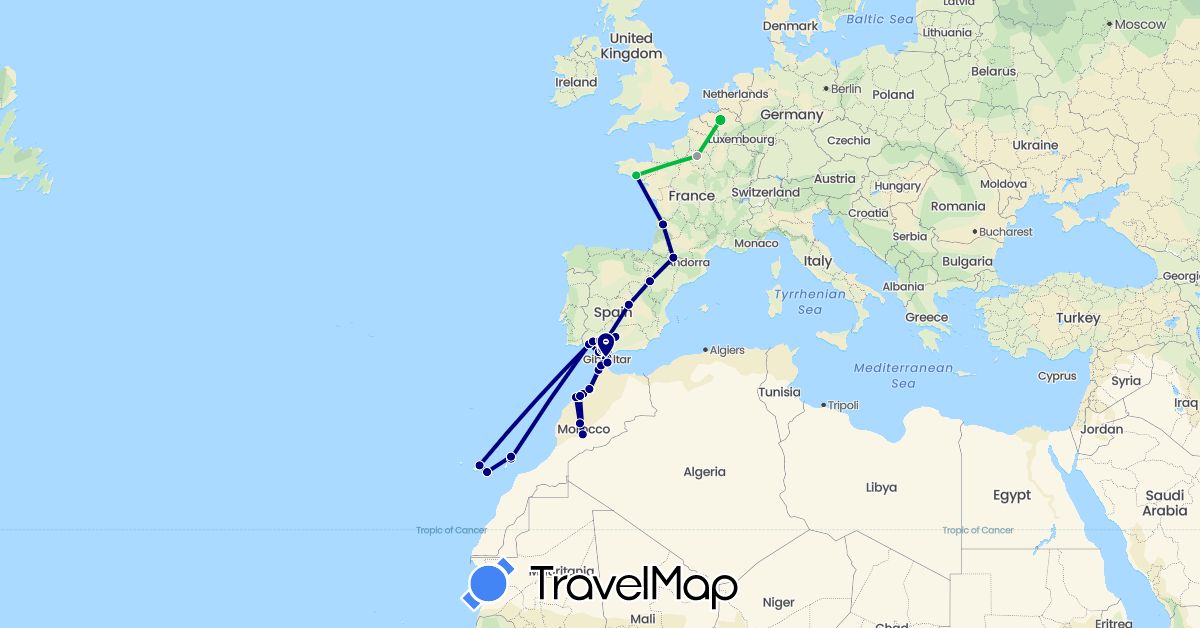 TravelMap itinerary: driving, bus, plane in Belgium, Spain, France, Gibraltar, Morocco (Africa, Europe)